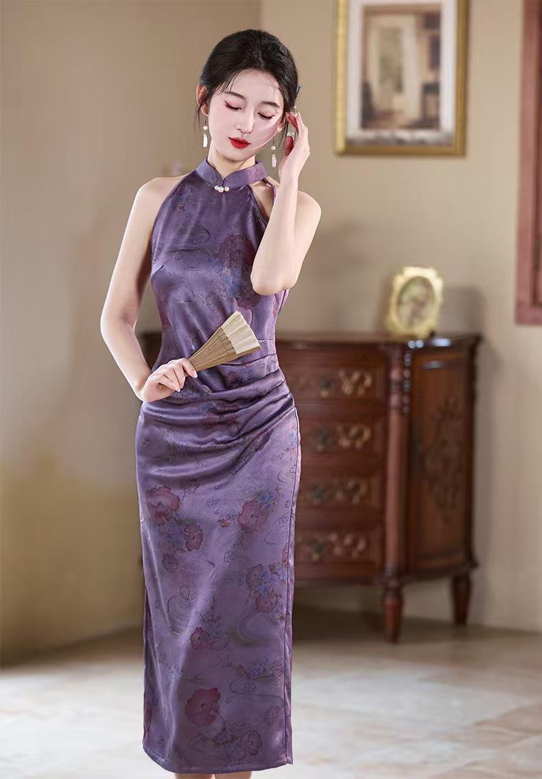 Women's Purple Vintage Satin Qipao Cheongsam Dress – additional product view