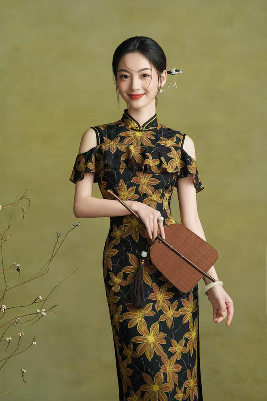 Women's Black Floral Qipao Cheongsam Dress