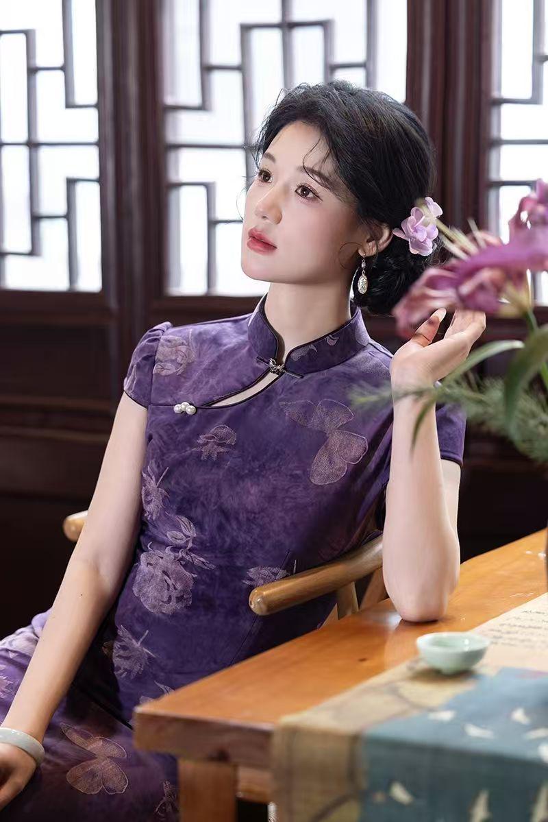 Women's Purple Vintage Qipao Cheongsam Dress – Fitted – additional product view