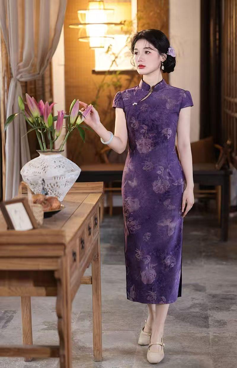 Women's Purple Vintage Qipao Cheongsam Dress – Fitted – additional product view