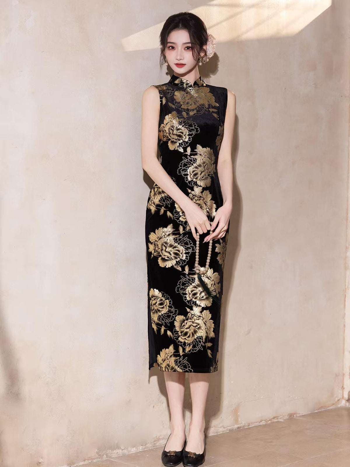 Women's Black Floral Velvet Qipao Cheongsam Dress – Midi – additional product view