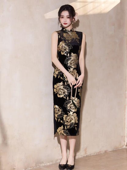 Women's Black Floral Velvet Qipao Cheongsam Dress – Midi – additional product view