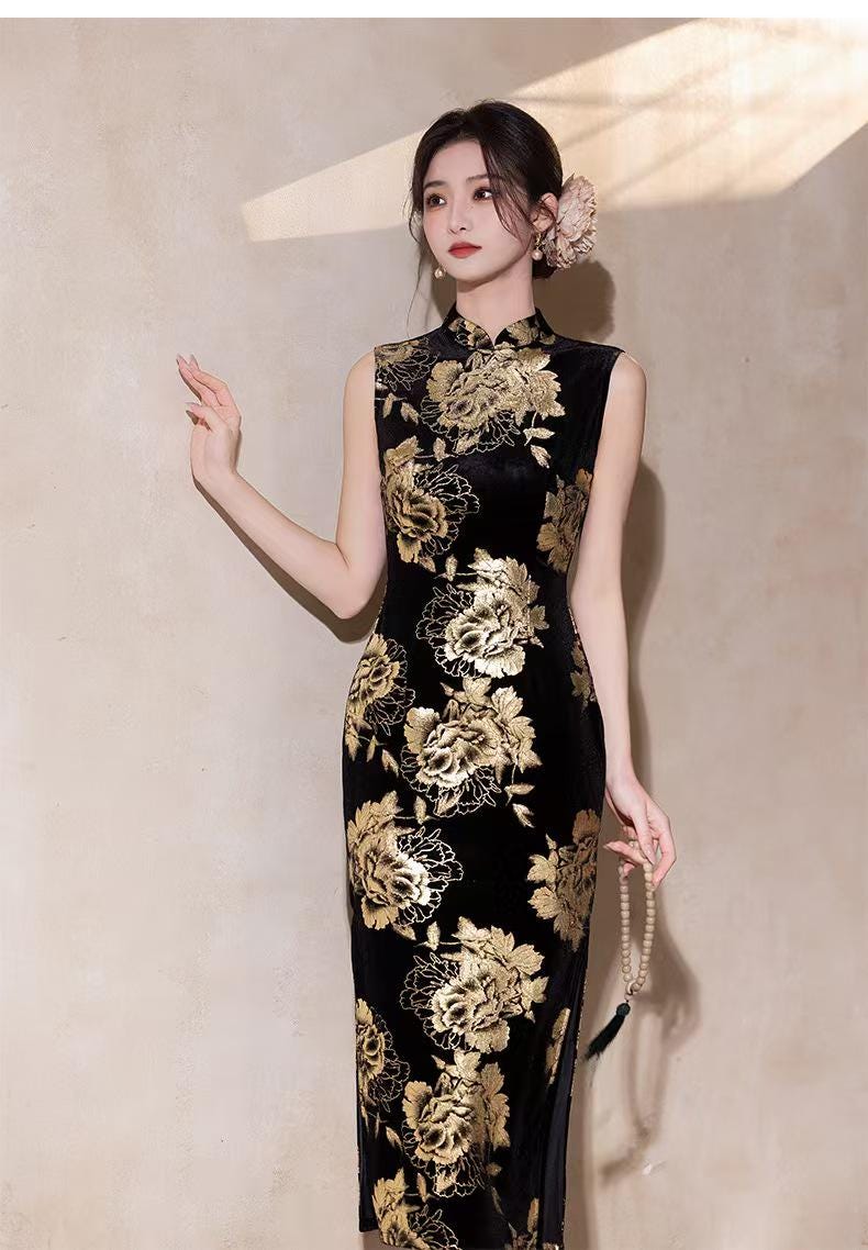 Women's Black Floral Velvet Qipao Cheongsam Dress – Midi – additional product view