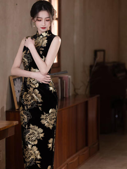 Women's Black Floral Velvet Qipao Cheongsam Dress – Midi – additional product view