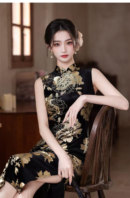 Women's Black Floral Velvet Qipao Cheongsam Dress – Midi – additional product view