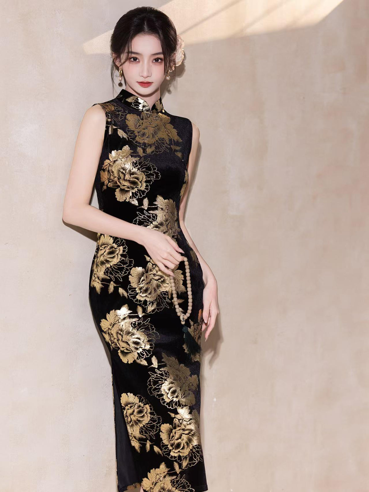 Women's Black Floral Velvet Qipao Cheongsam Dress – Midi
