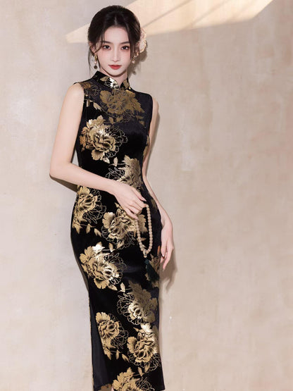 Women's Black Floral Velvet Qipao Cheongsam Dress – Midi