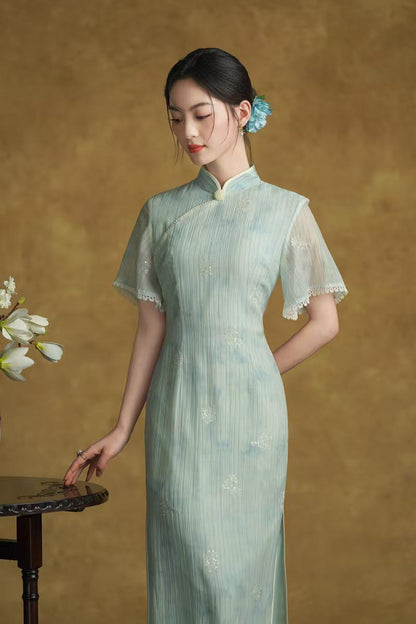 Women's Green Vintage Qipao Cheongsam Dress – Side Slit Fitted – additional product view