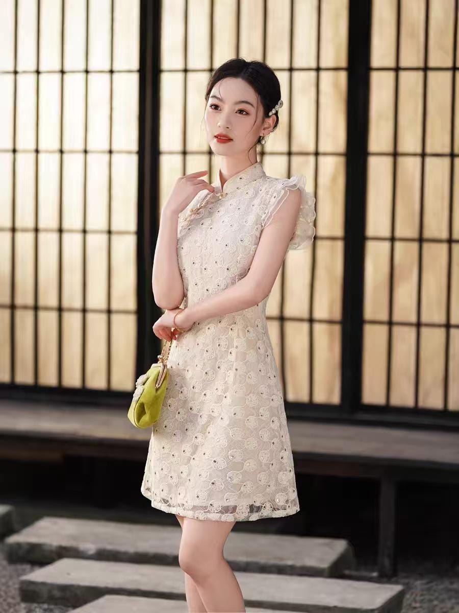 Women's Vintage Qipao Cheongsam Dress – Beige Fitted – additional product view