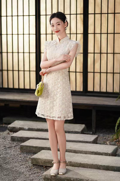 Women's Vintage Qipao Cheongsam Dress – Beige Fitted – additional product view