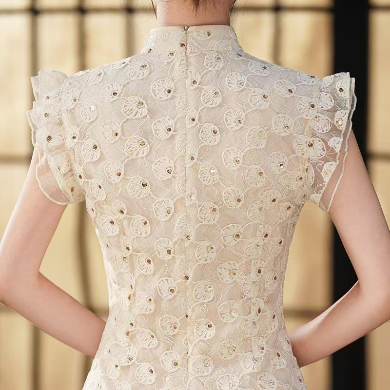 Women's Vintage Qipao Cheongsam Dress – Beige Fitted – additional product view