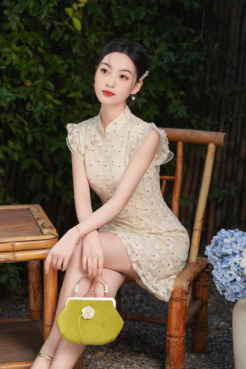 Women's Vintage Qipao Cheongsam Dress – Beige Fitted – additional product view