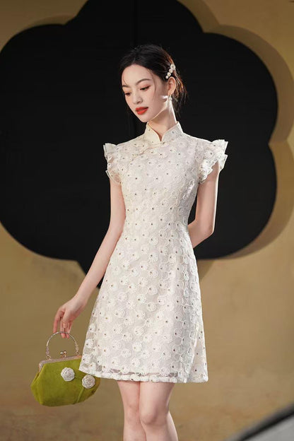 Women's Vintage Qipao Cheongsam Dress – Beige Fitted