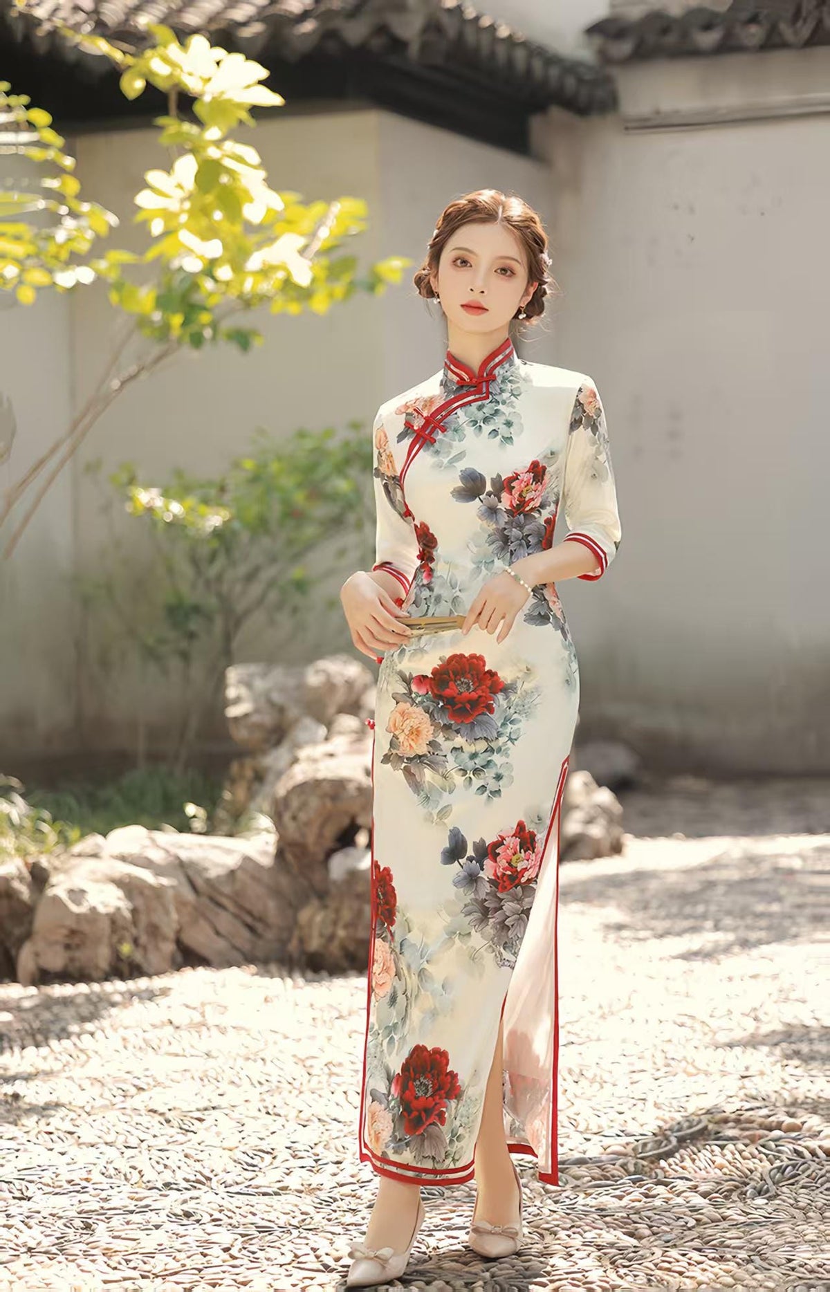 Women's White Floral Qipao Cheongsam Dress – Midi Fitted – additional product view