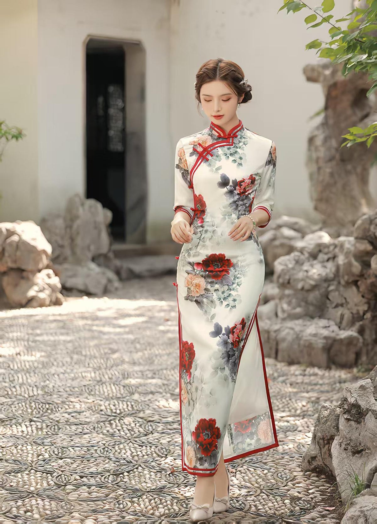 Women's White Floral Qipao Cheongsam Dress – Midi Fitted – additional product view