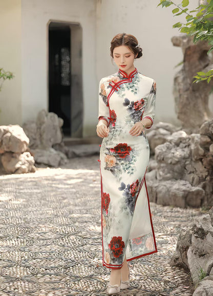 Women's White Floral Qipao Cheongsam Dress – Midi Fitted – additional product view