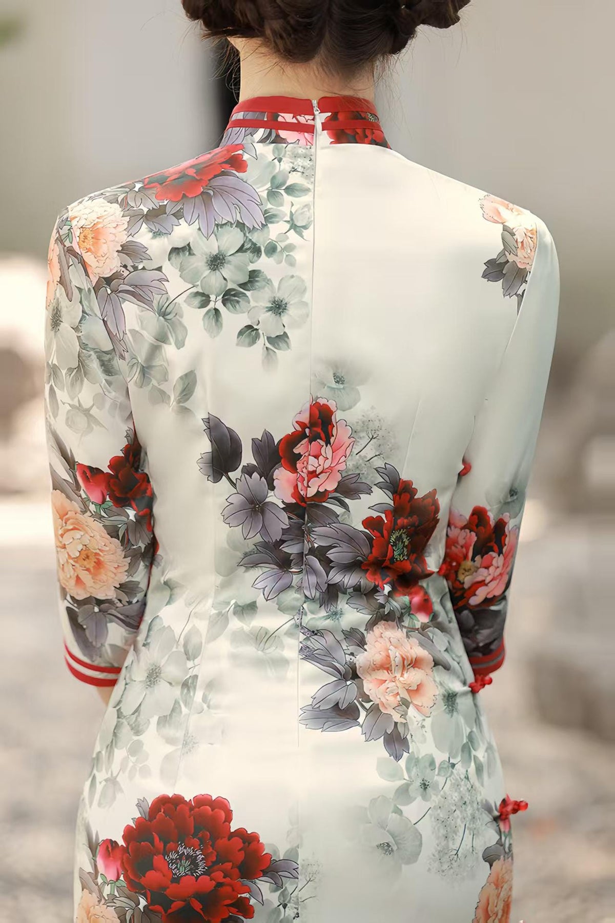 Women's White Floral Qipao Cheongsam Dress – Midi Fitted – additional product view