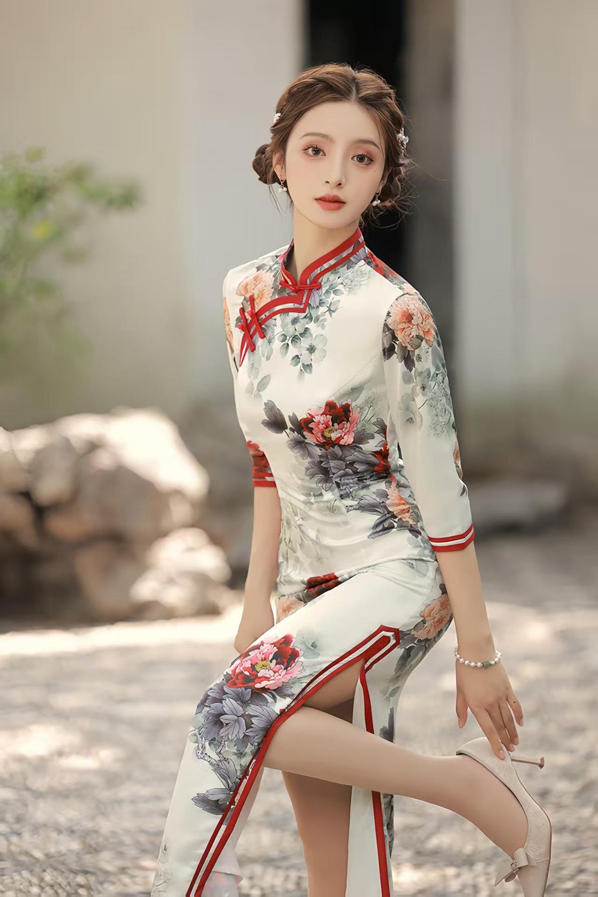 Women's White Floral Qipao Cheongsam Dress – Midi Fitted – additional product view