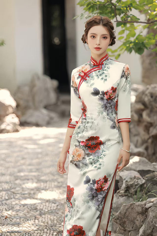 Women's White Floral Qipao Cheongsam Dress – Midi Fitted