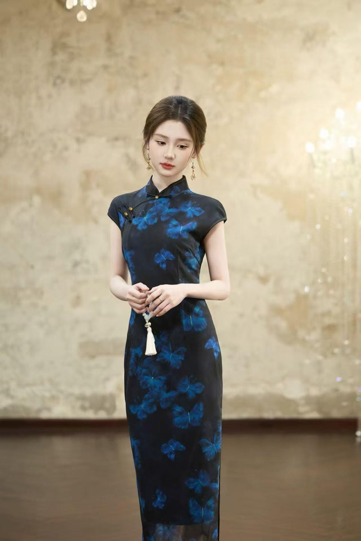Women's Blue Floral Qipao Cheongsam Dress – additional product view