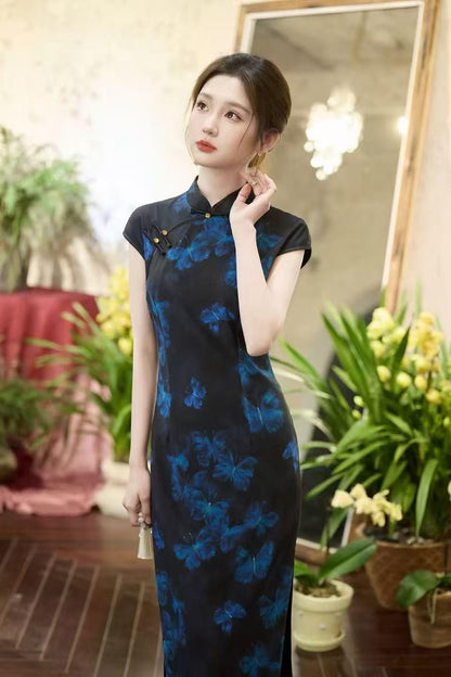 Women's Blue Floral Qipao Cheongsam Dress – additional product view