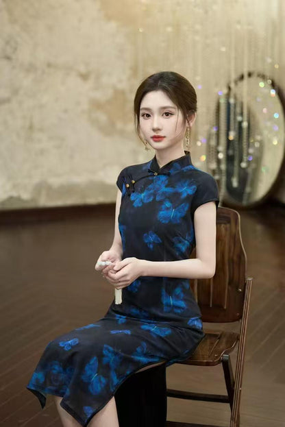 Women's Blue Floral Qipao Cheongsam Dress – additional product view