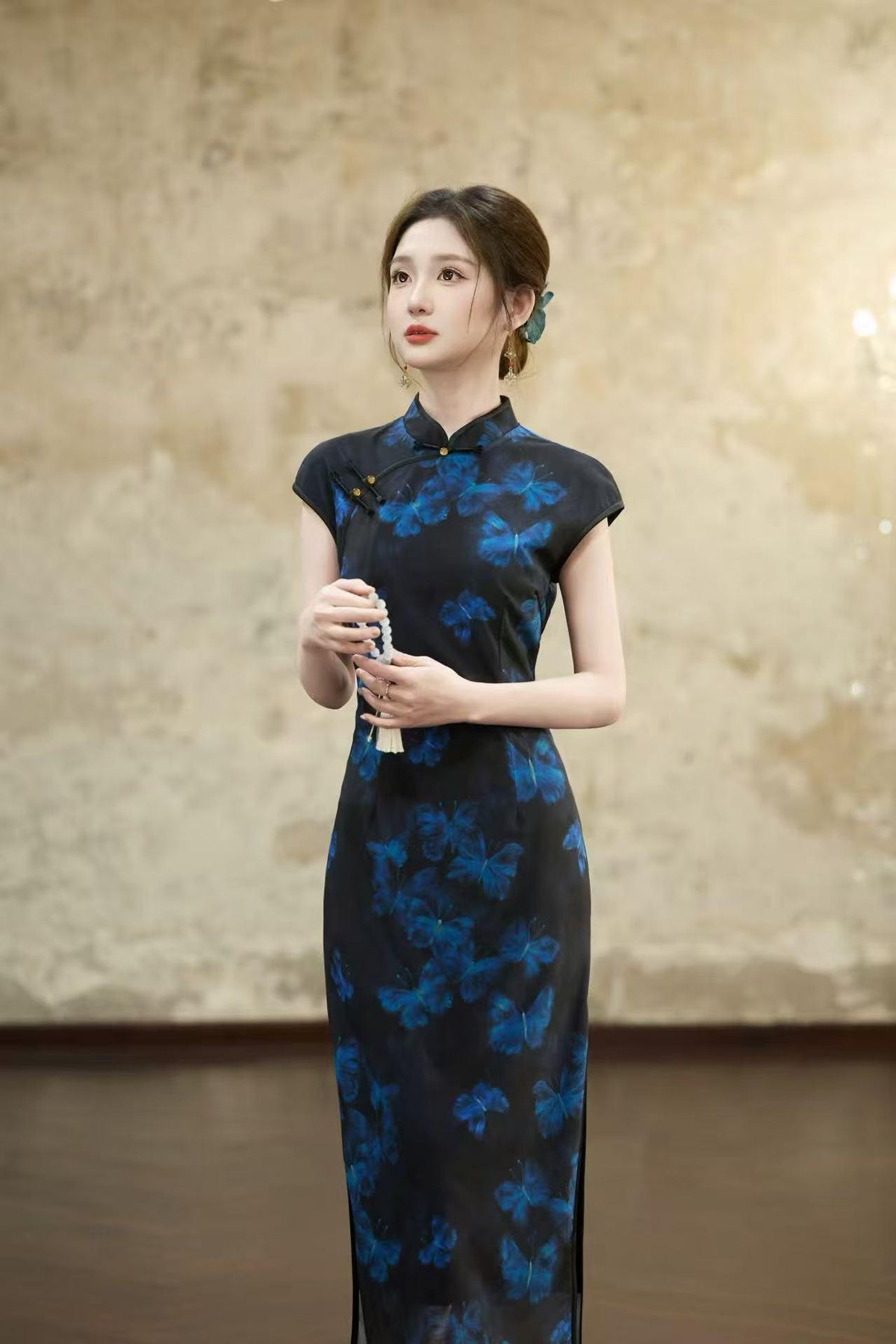 Women's Blue Floral Qipao Cheongsam Dress – additional product view