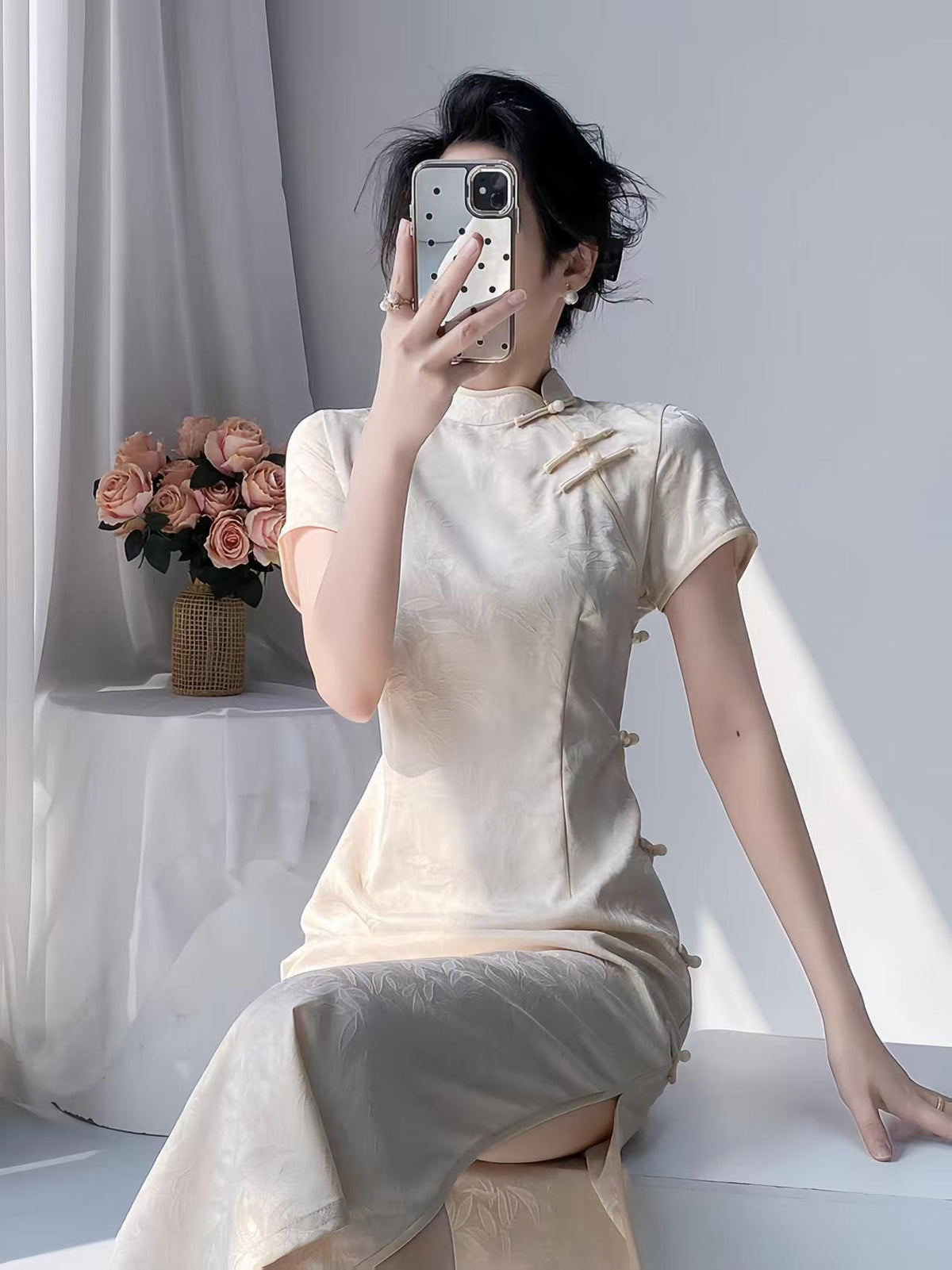 Women's Vintage Qipao Cheongsam Dress – Ivory High Slit Maxi Fitted – additional product view