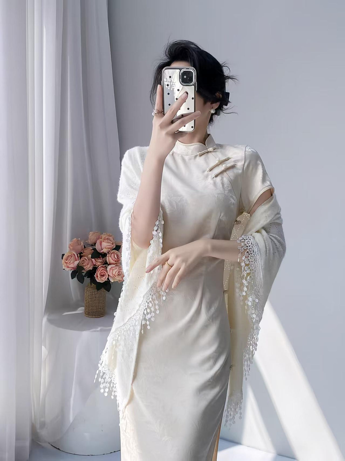 Women's Vintage Qipao Cheongsam Dress – Ivory High Slit Maxi Fitted – additional product view