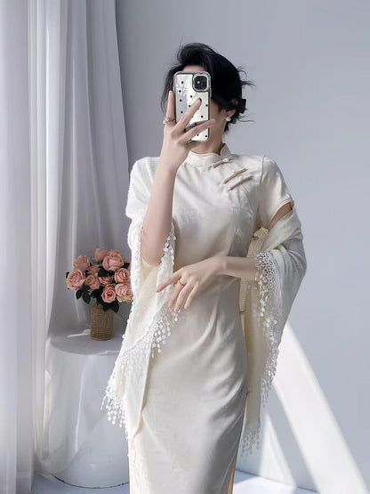 Women's Vintage Qipao Cheongsam Dress – Ivory High Slit Maxi Fitted – additional product view