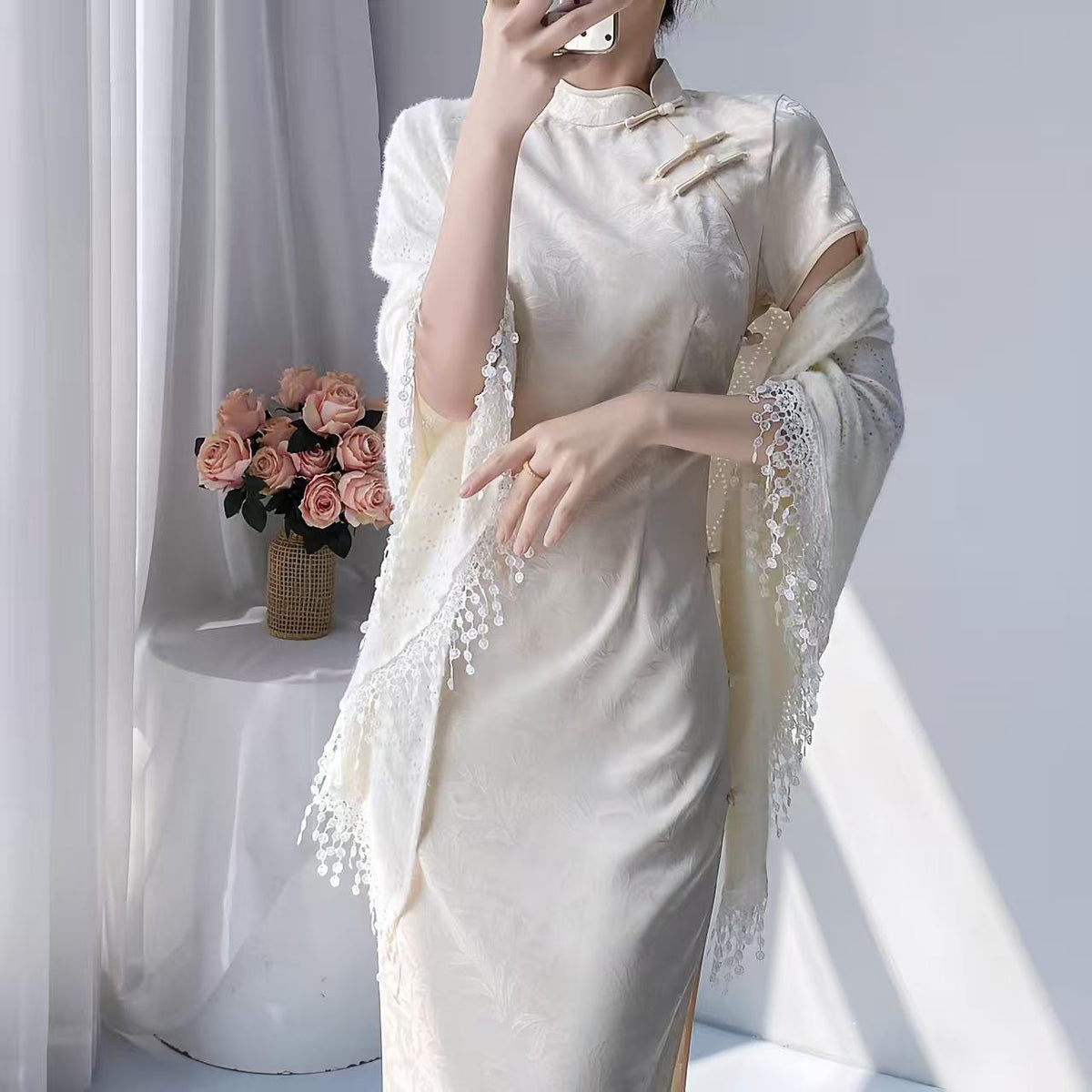 Women's Vintage Qipao Cheongsam Dress – Ivory High Slit Maxi Fitted – additional product view