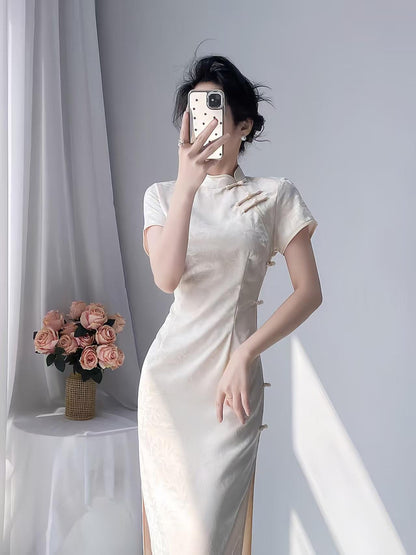 Women's Vintage Qipao Cheongsam Dress – Ivory High Slit Maxi Fitted