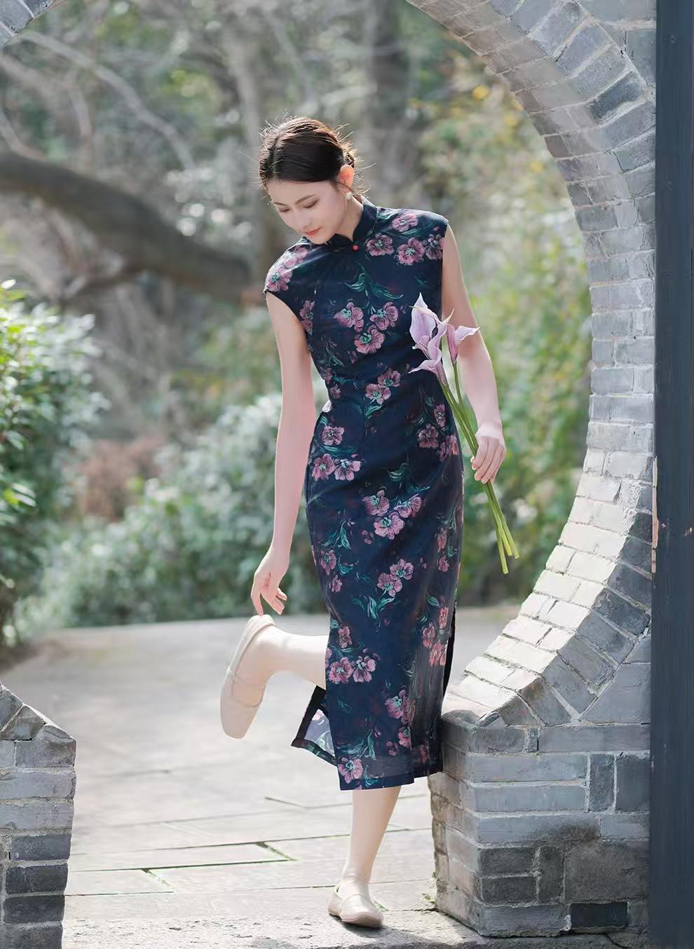 Women's Blue Floral Qipao Cheongsam Dress – additional product view