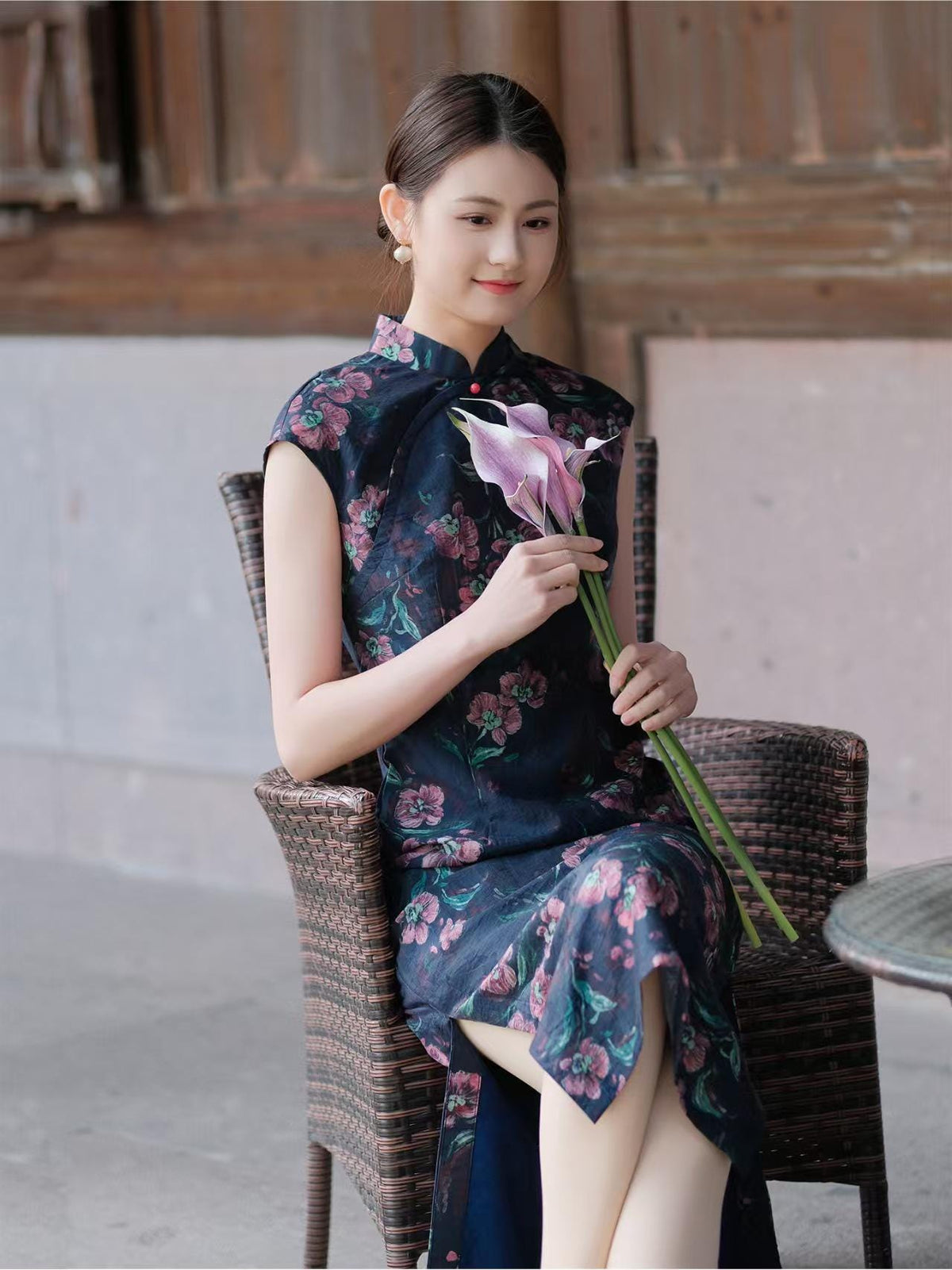 Women's Blue Floral Qipao Cheongsam Dress – additional product view