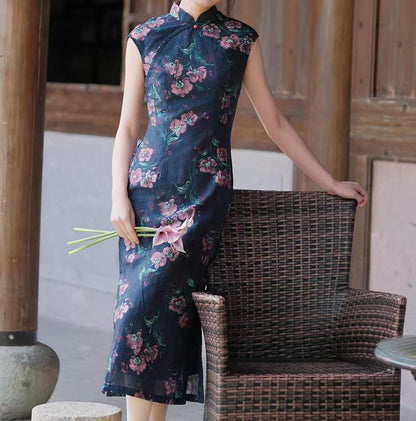 Women's Blue Floral Qipao Cheongsam Dress – additional product view