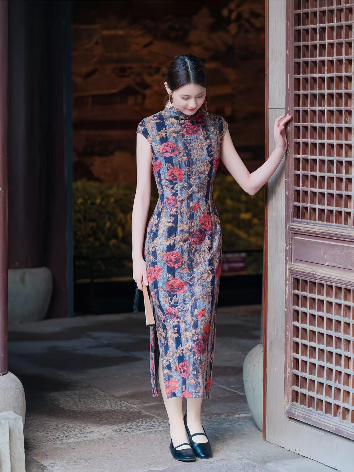 Women's Blue Floral Qipao Cheongsam Dress – additional product view