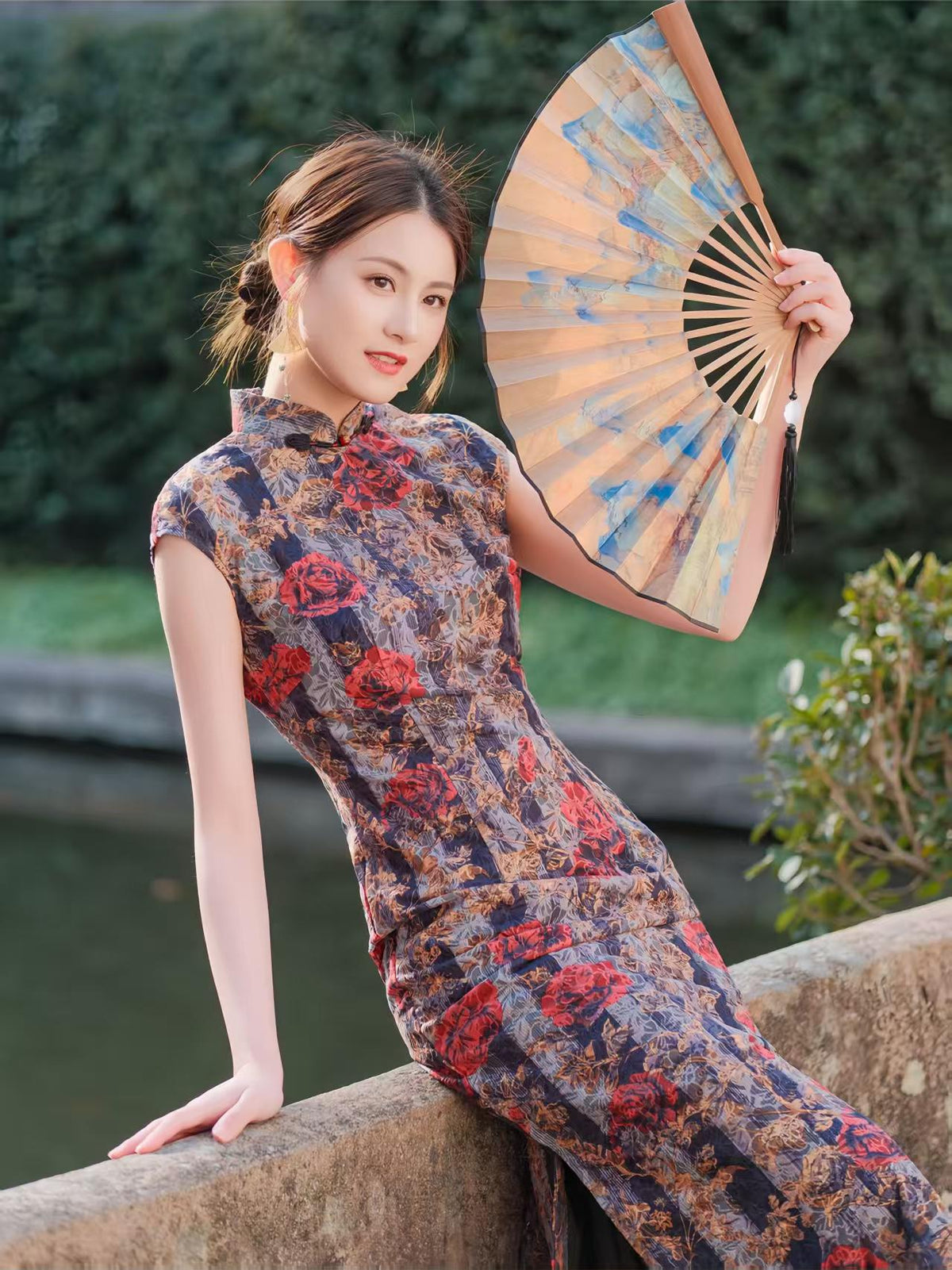 Women's Blue Floral Qipao Cheongsam Dress – additional product view