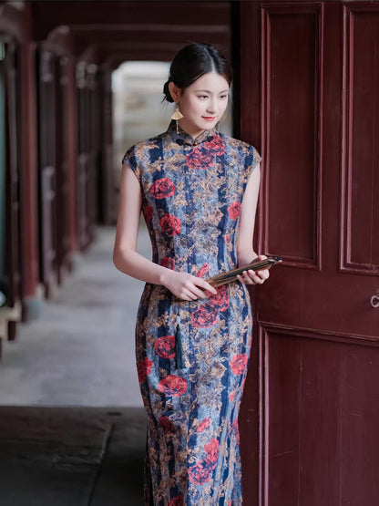 Women's Blue Floral Qipao Cheongsam Dress – additional product view