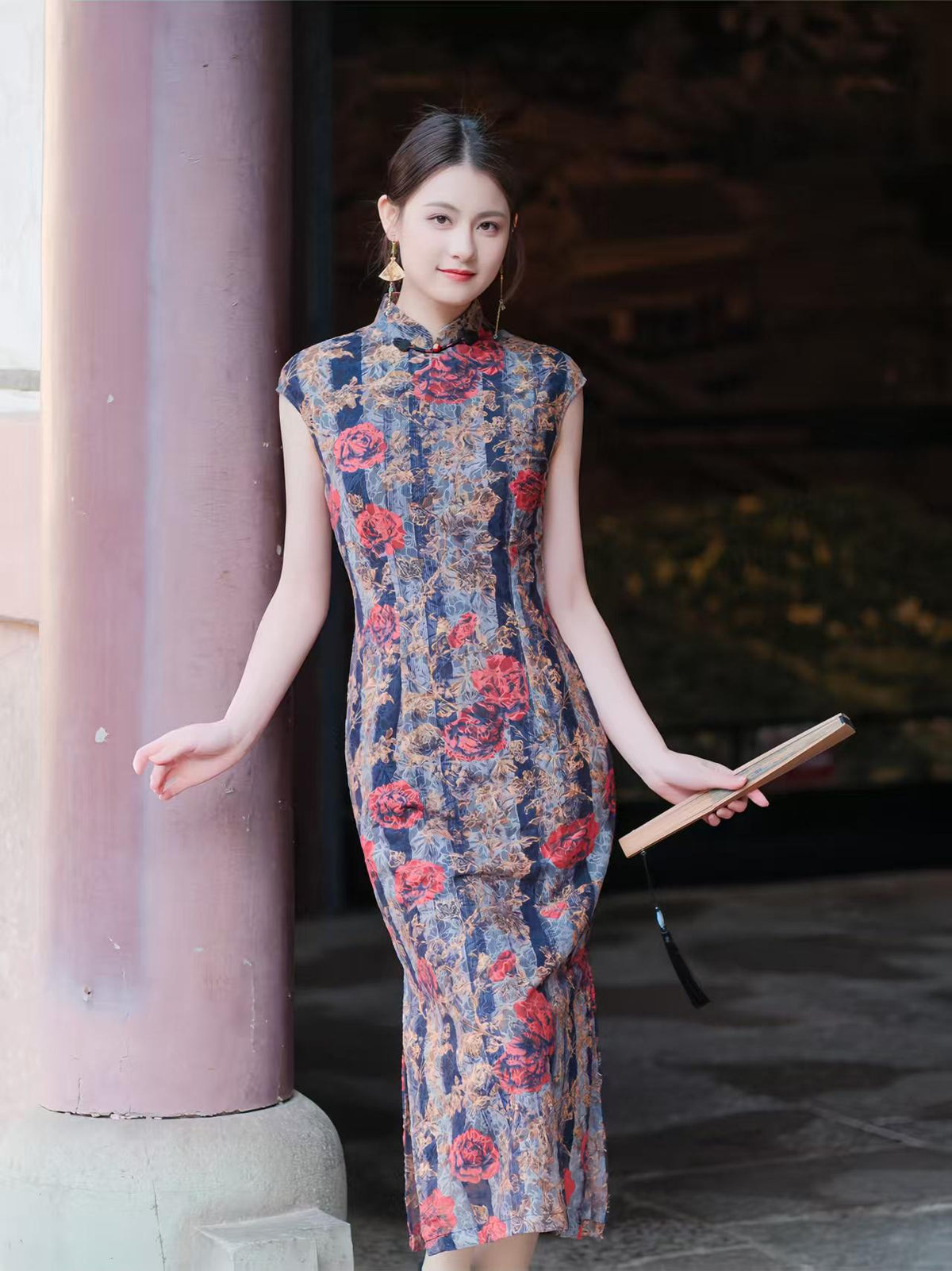 Women's Blue Floral Qipao Cheongsam Dress – additional product view