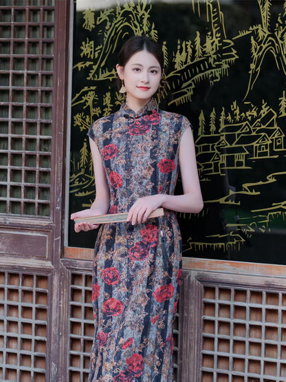Women's Blue Floral Qipao Cheongsam Dress