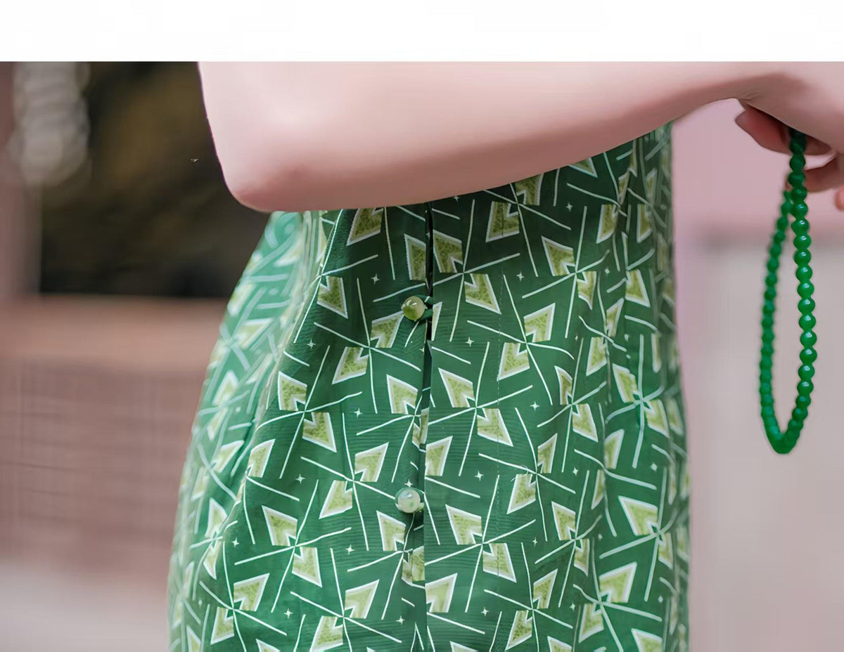 Women's Green Vintage Qipao Cheongsam Dress – Geometric Fitted – additional product view