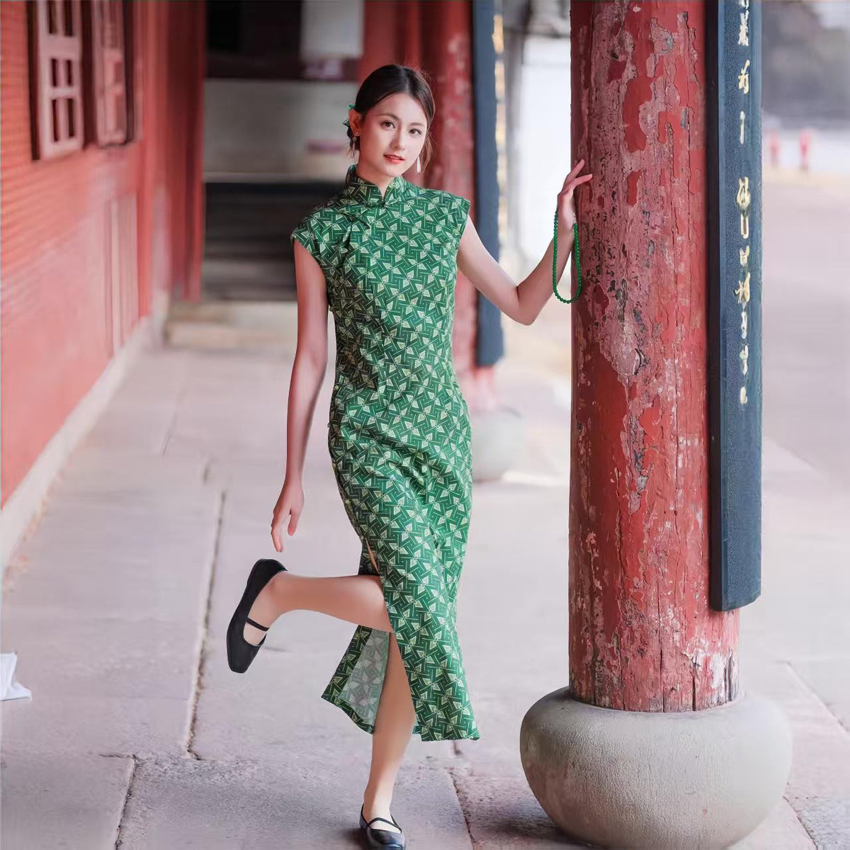 Women's Green Vintage Qipao Cheongsam Dress – Geometric Fitted – additional product view