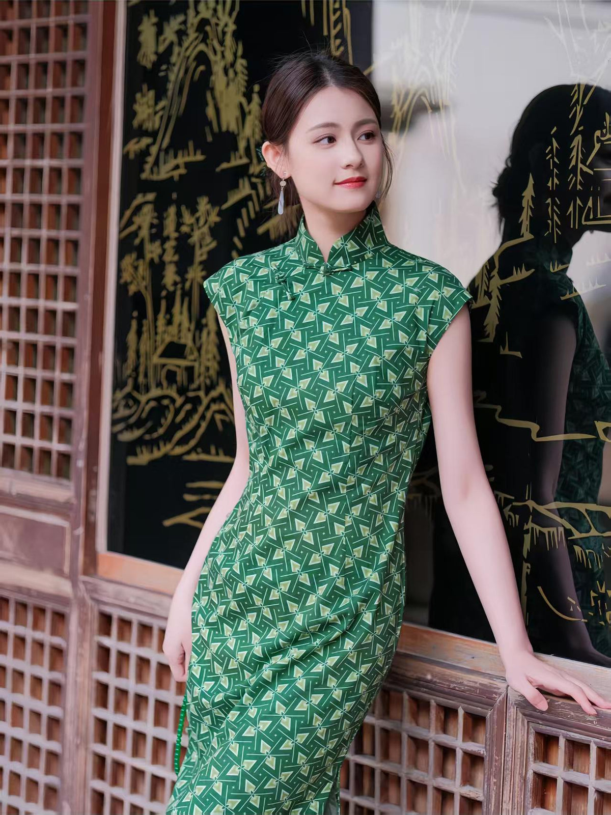 Women's Green Vintage Qipao Cheongsam Dress – Geometric Fitted – additional product view