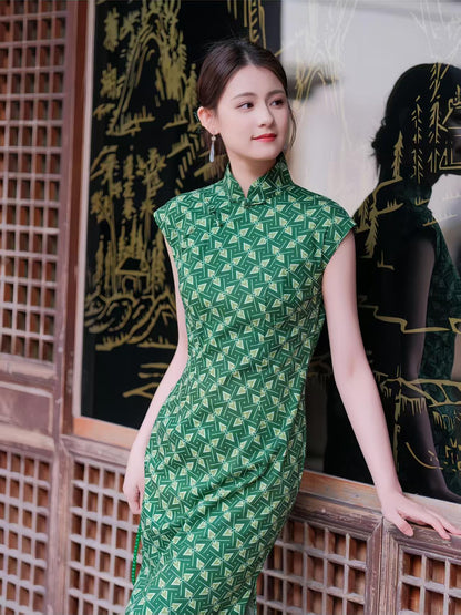 Women's Green Vintage Qipao Cheongsam Dress – Geometric Fitted – additional product view