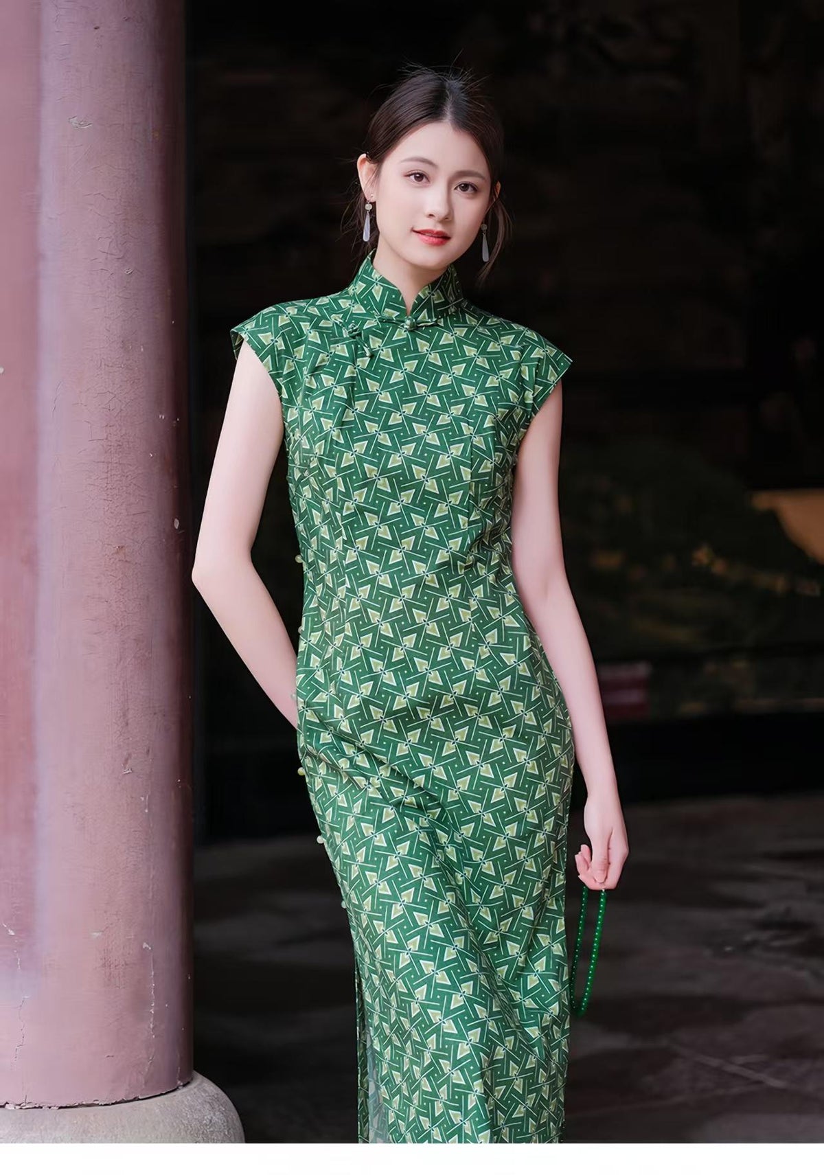 Women's Green Vintage Qipao Cheongsam Dress – Geometric Fitted