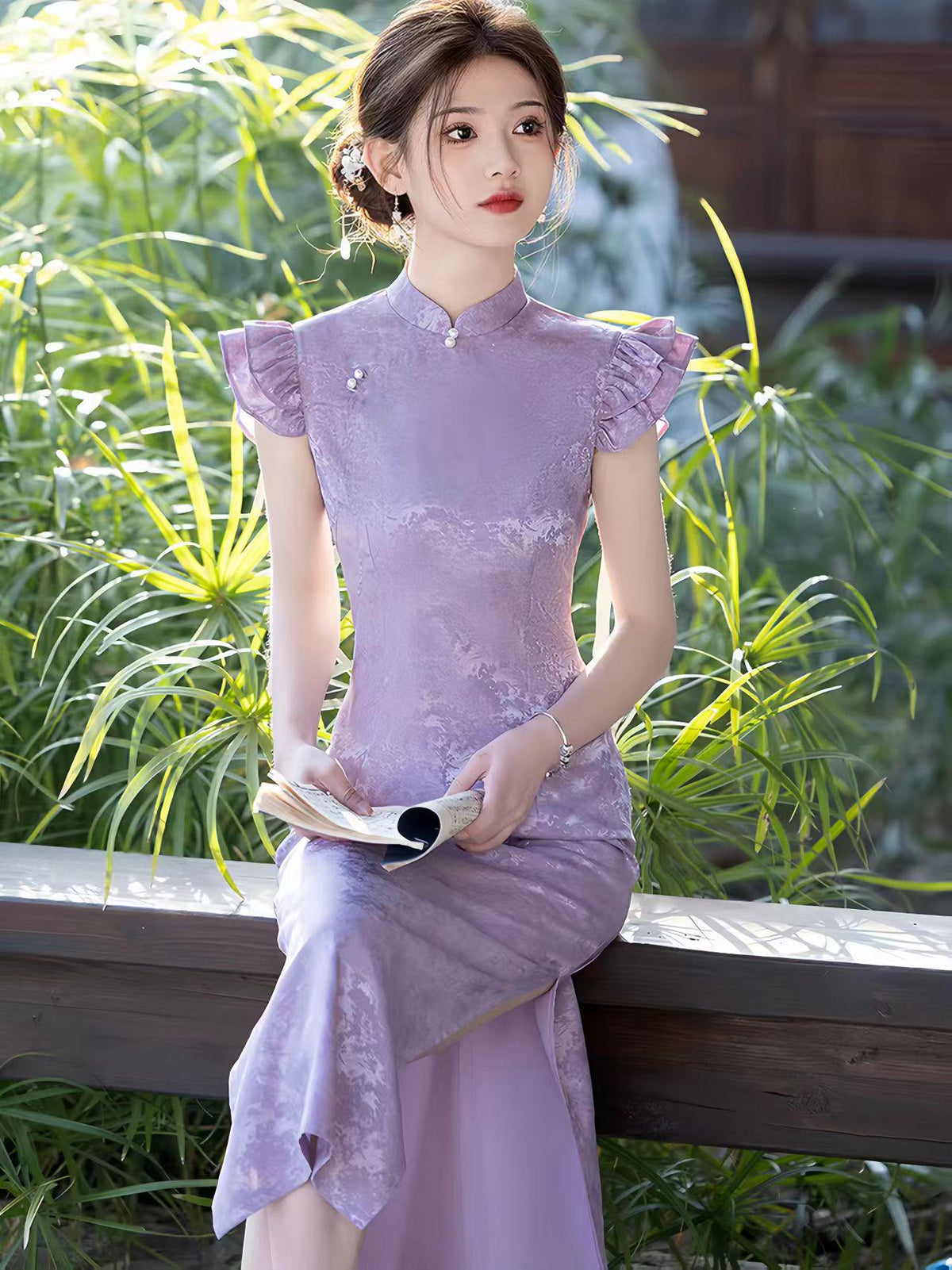 Women's Vintage Qipao Cheongsam Dress – Lavender Fitted – additional product view