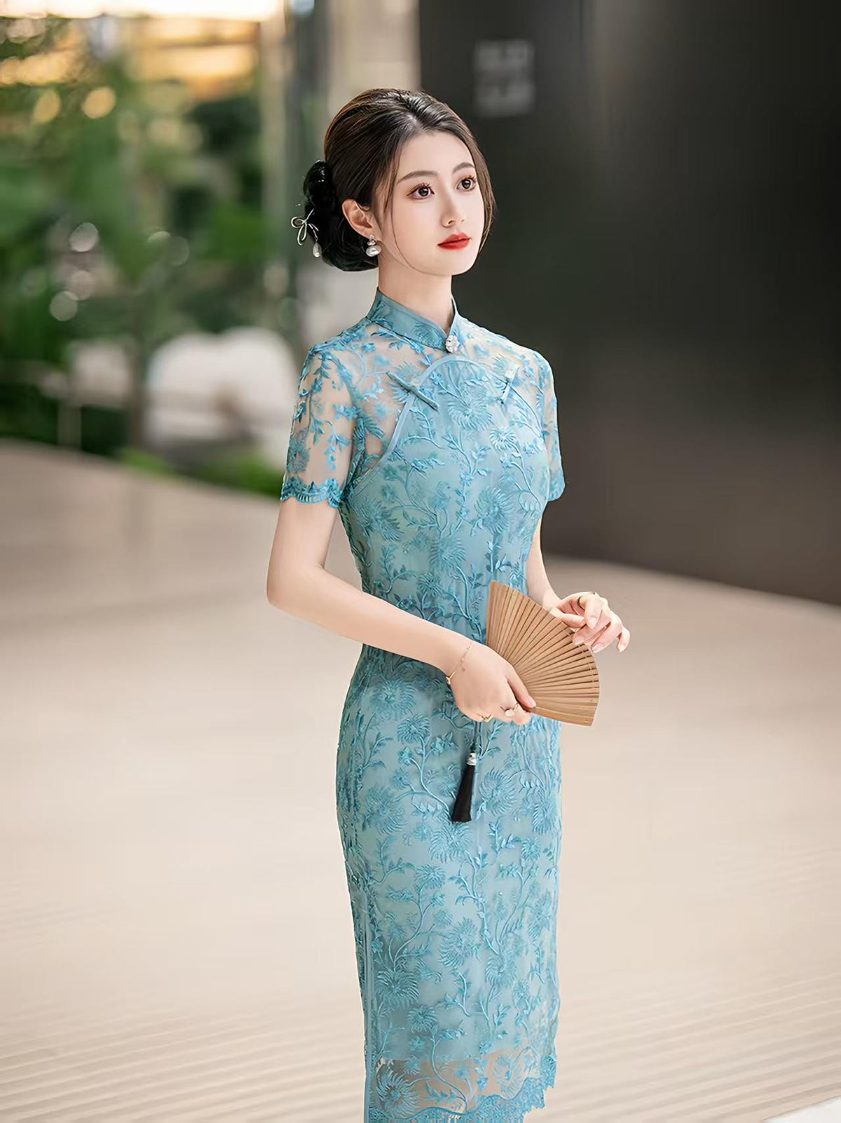 Women's Blue Vintage Qipao Cheongsam Dress – additional product view