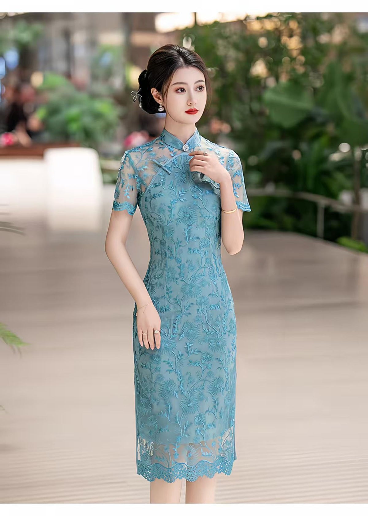 Women's Blue Vintage Qipao Cheongsam Dress – additional product view