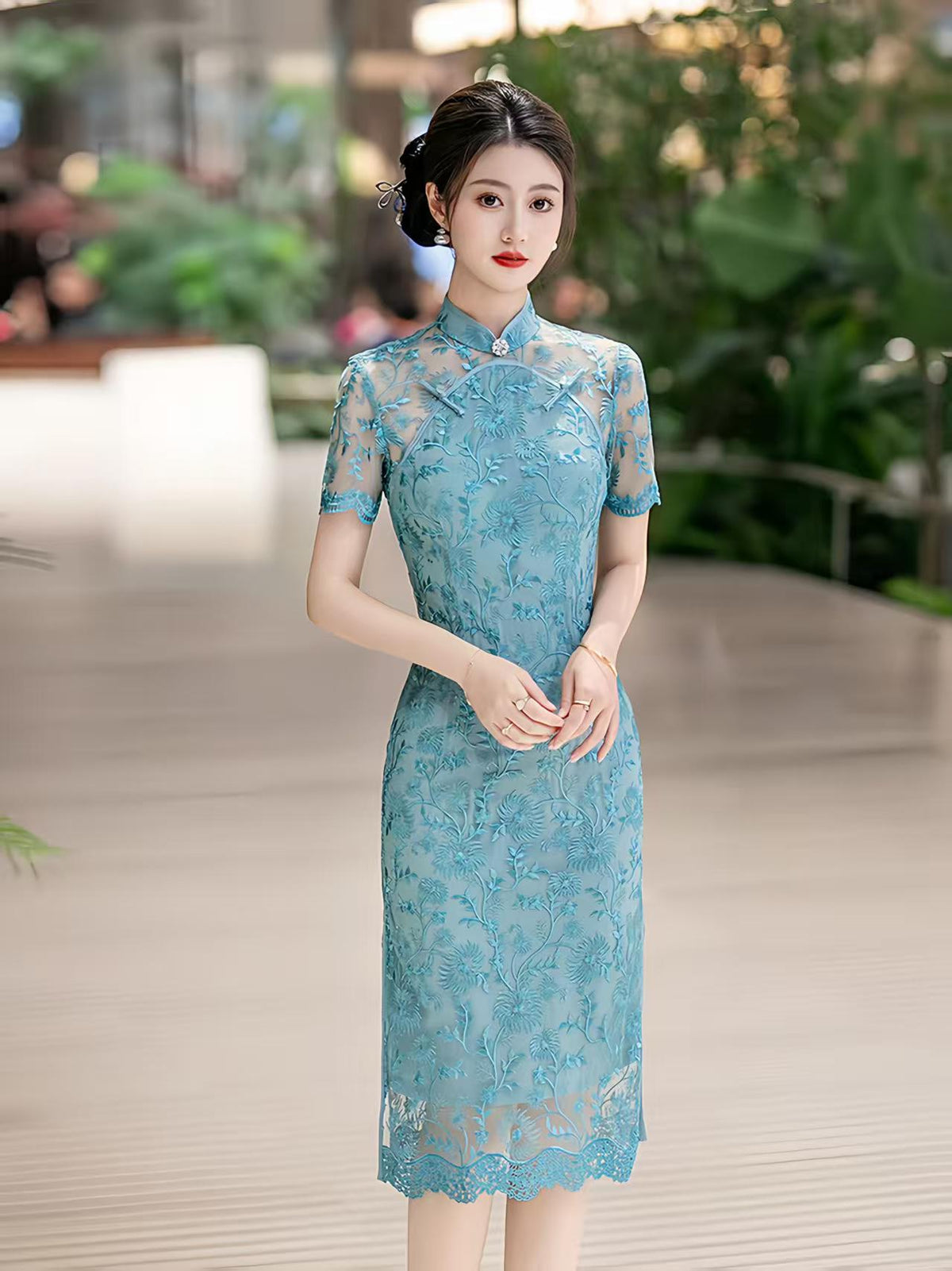 Women's Blue Vintage Qipao Cheongsam Dress