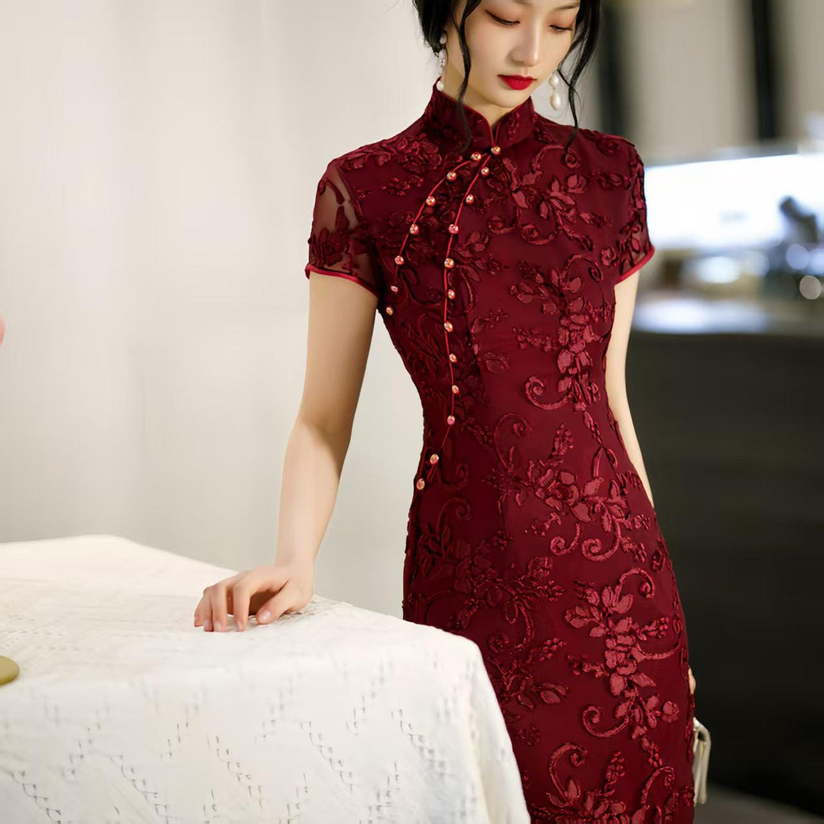 Women's Elegant Velvet Qipao Cheongsam Dress – Fitted – additional product view